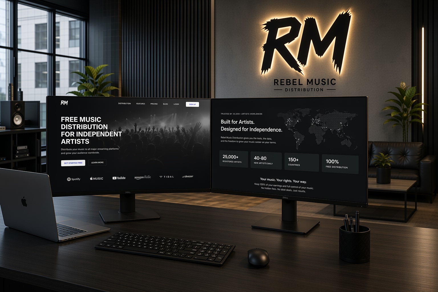 Musicians reviewing ownership agreements before a release, with a distribution dashboard in the background